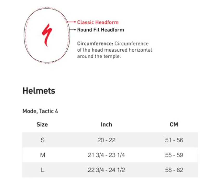 Specialized Mode Tactic Size Guide