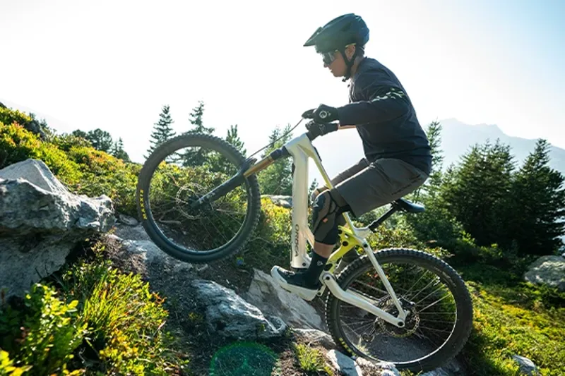 Full-power Orbea Wild electric mountain bike tackling steep alpine terrain