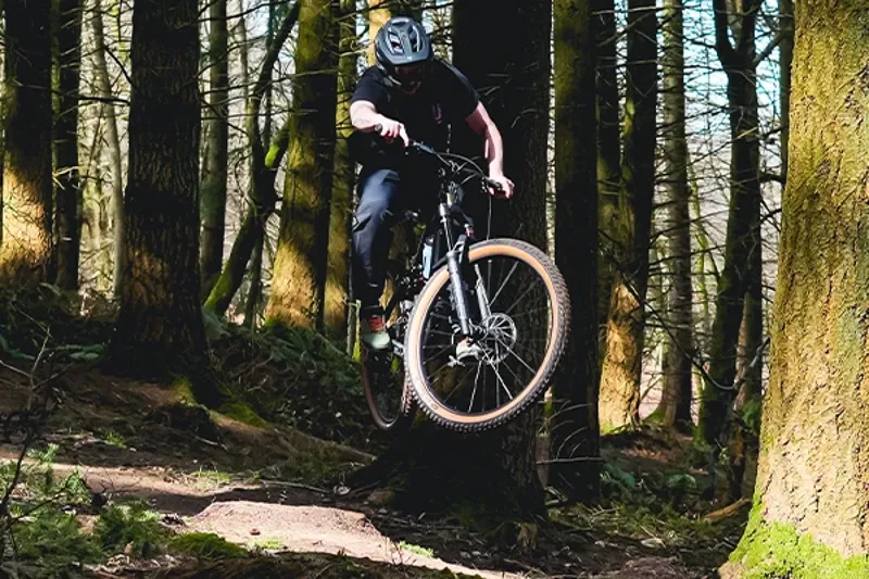 Mountain bikers riding Merida trail bikes in the woods with confidence