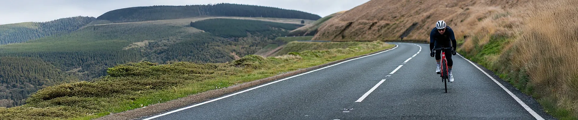 Descending on a road bike in the Welsh hills