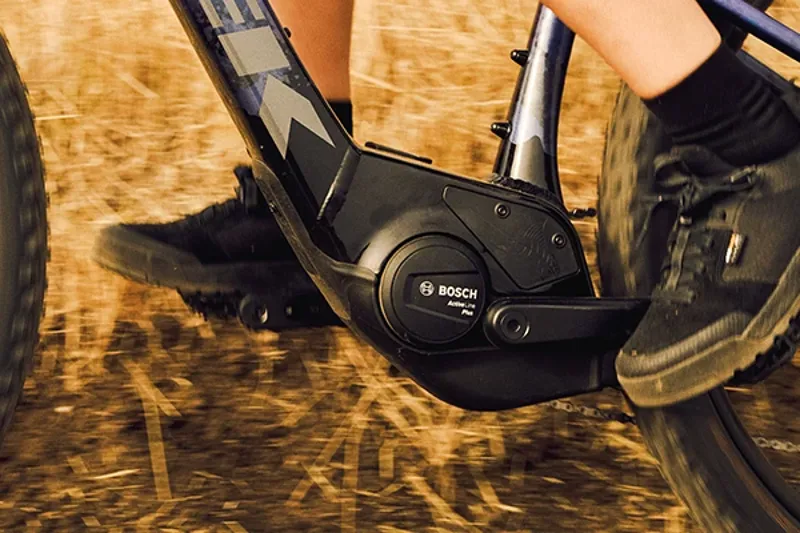 Bosch Active Line motor on the Trek Marlin+ hardtail eMTB, riding shot